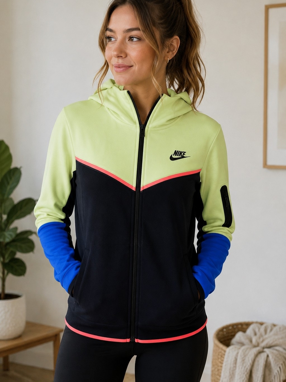 Nike Women's Colorblock Hooded Zip-Up Jacket - Lime/Black/Blue